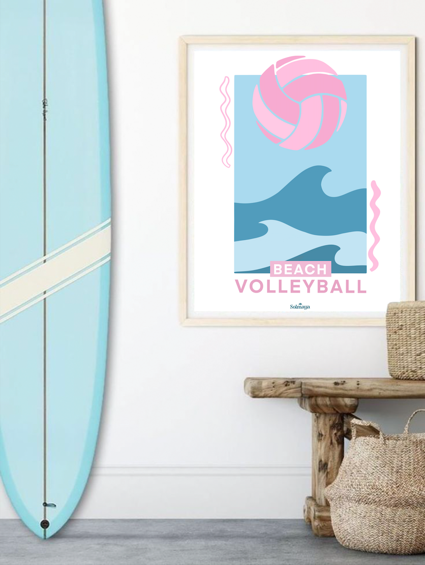 Affiche avec des vagues et un ballon de volley