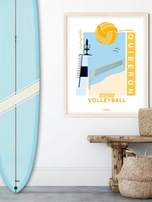 Affiche représentant un filet de volley et le phare de la grande plage de quiberon