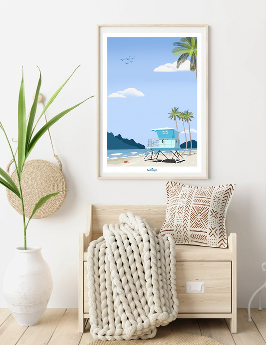 Affiche représentant une cabane de sauveteur de floride avec des palmiers devant la mer