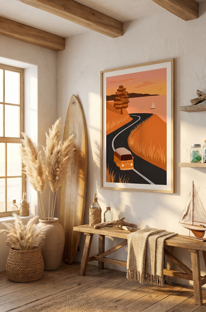 Affiche représentant un combi VW sur les routes au bord de la mer au soleil couchant