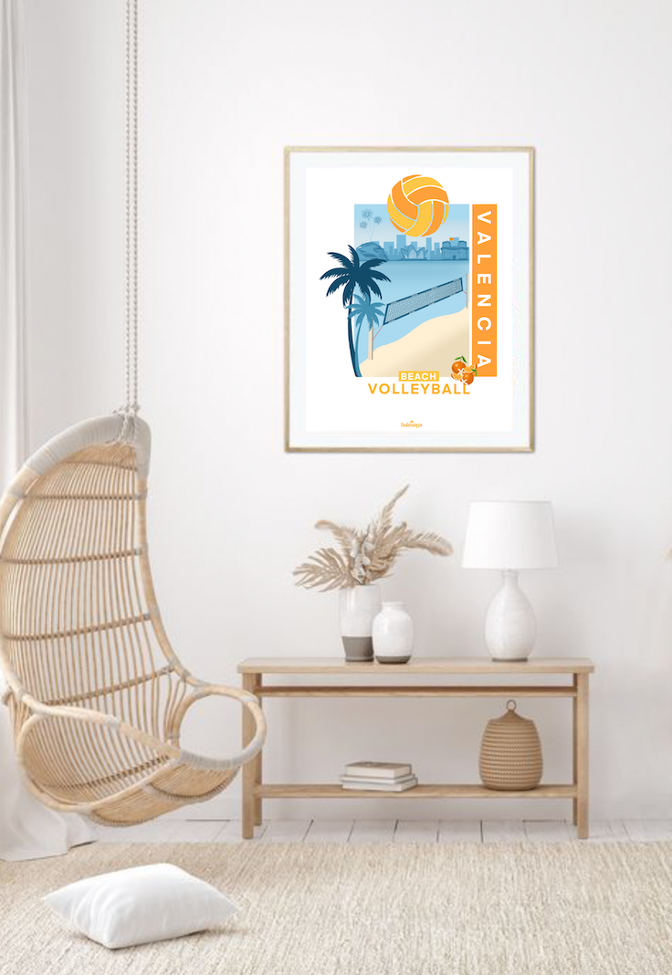 Affiche représentant un filet de beachvolley et la ville de valence en espagne