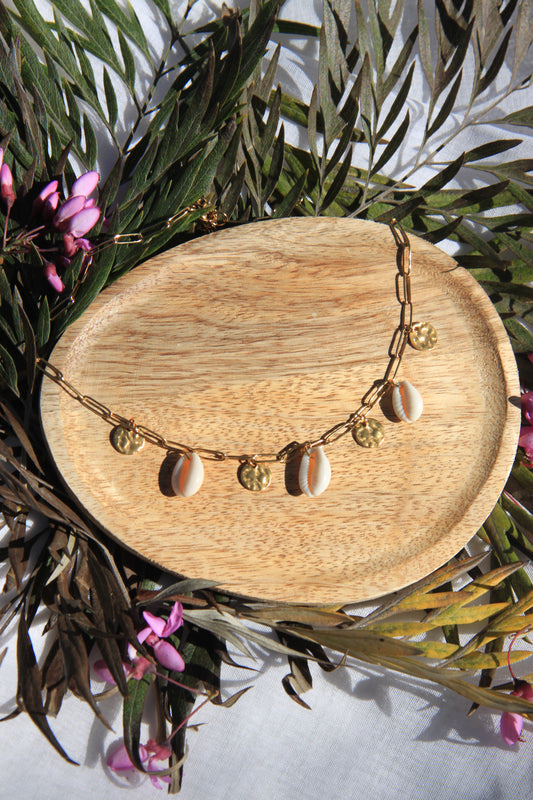 Collier chaine acier inoxydable et cauri blancs et pendentifs en acier inoxydable