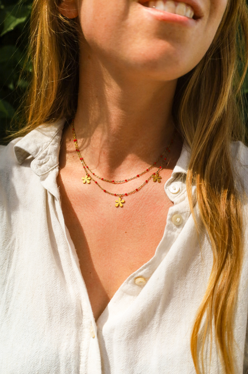 collier acier inoxydable chaine résine rouge