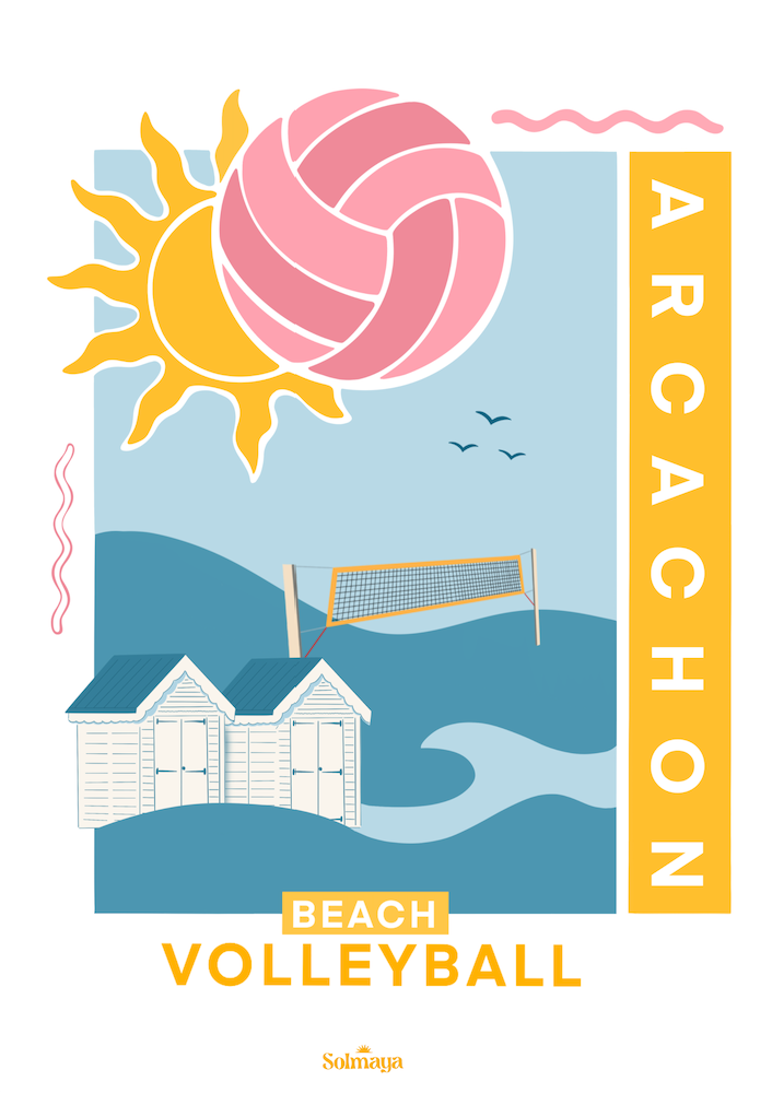 Affiche de beachvolley représentant les cabanes d'arcachon avec un filet de vollety et un ballon et un grand soleil