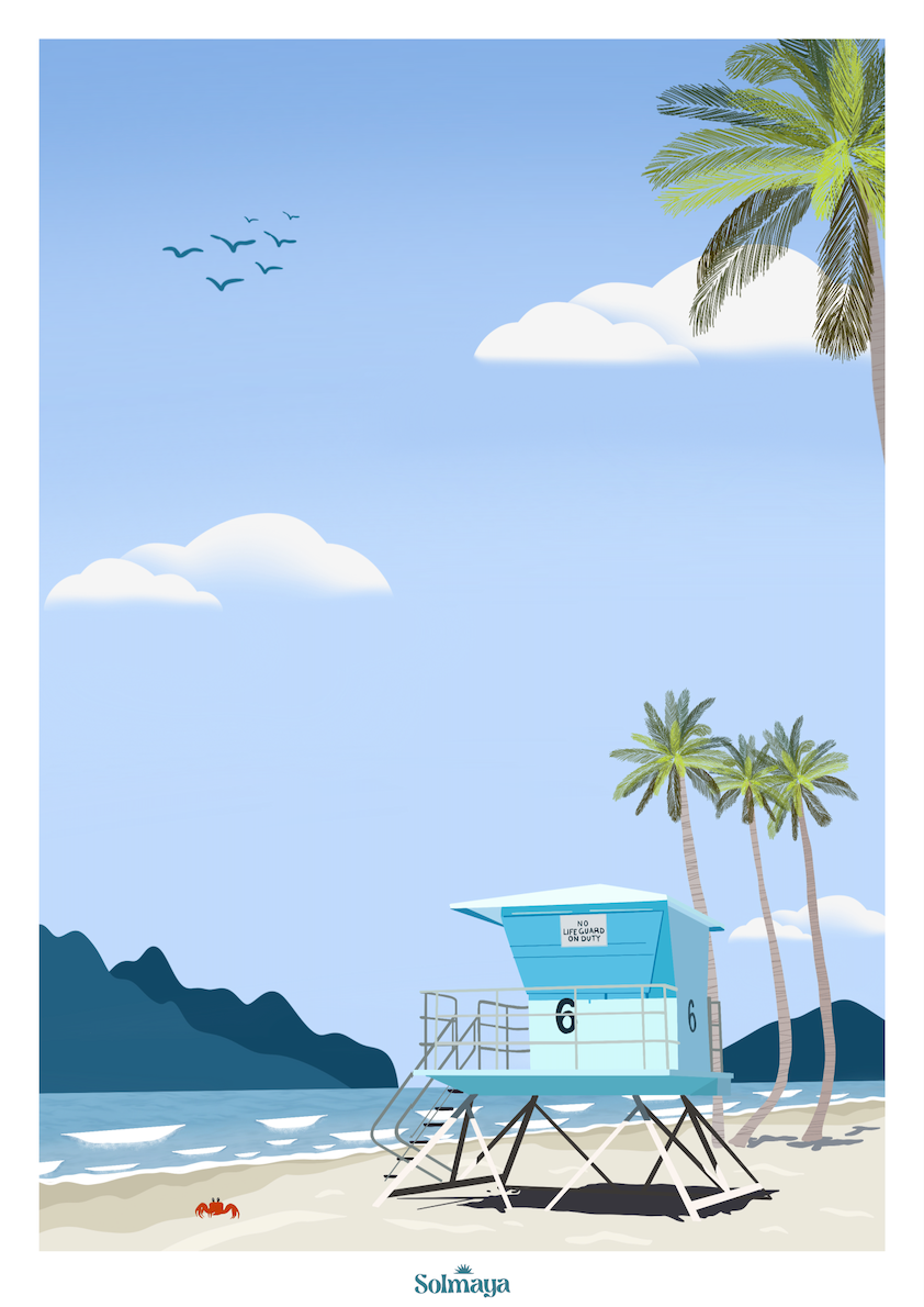 Affiche représentant une cabane de sauveteur de floride avec des palmiers devant la mer