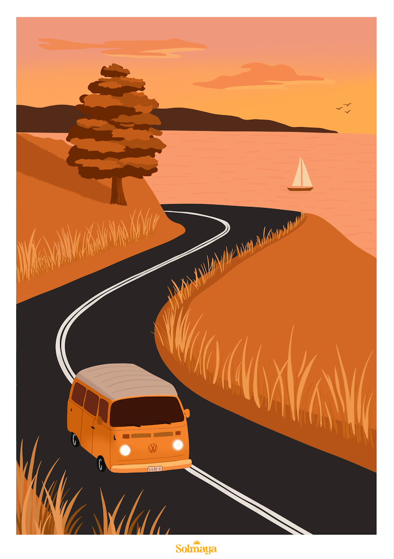 Affiche représentant un combi VW sur les routes au bord de la mer au soleil couchant