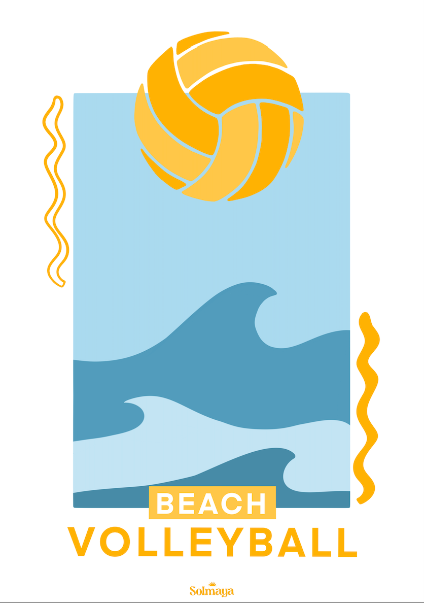 Affiche  beachvolley quiberon jaune avec ballon et vagues