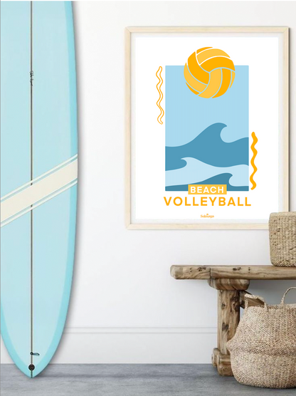 Affiche  beachvolley quiberon jaune avec ballon et vagues encadrée avec une planche de surf à côté