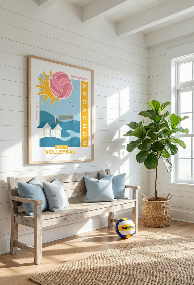 Affiche de beachvolley représentant les cabanes d'arcachon avec un filet de vollety et un ballon et un grand soleil