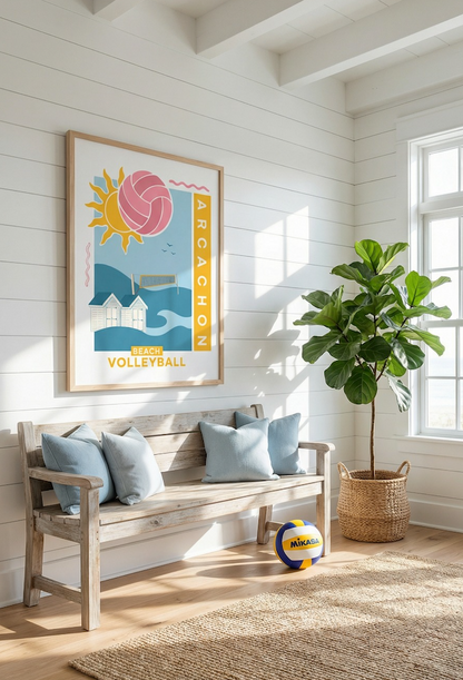 Affiche de beachvolley représentant les cabanes d'arcachon avec un filet de vollety et un ballon et un grand soleil