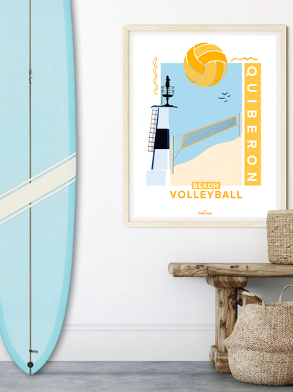 Affiche représentant un filet de volley et le phare de la grande plage de quiberon