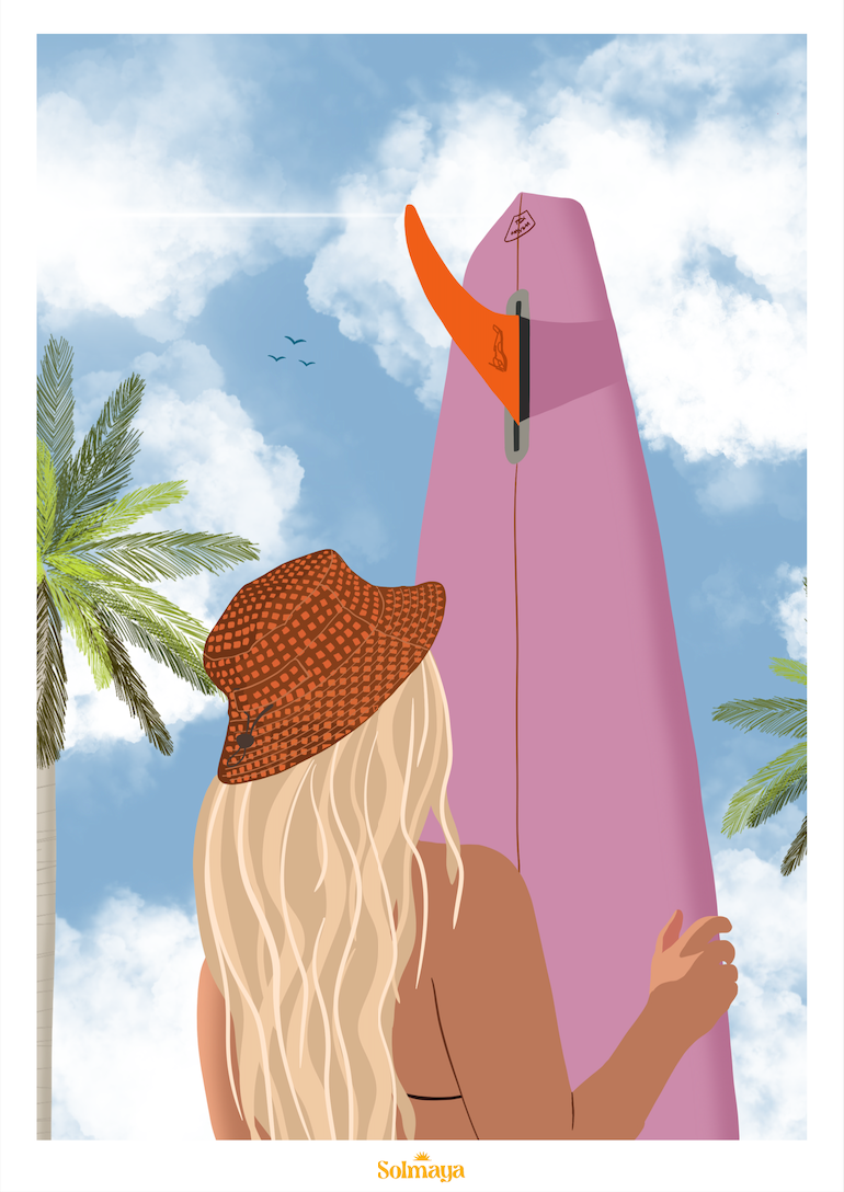 Affiche avec une femme blonde avec un bob portant sa board de surf rose