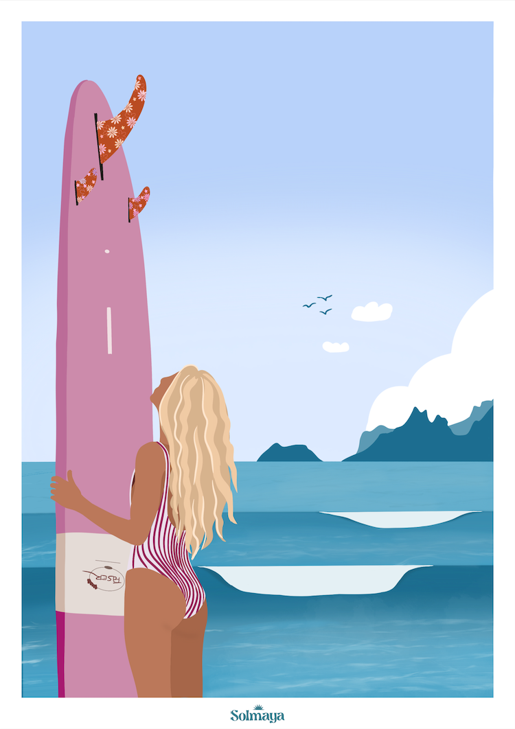 Affiche représentant une femme blonde avec sa planche de surf rose devant des vagues