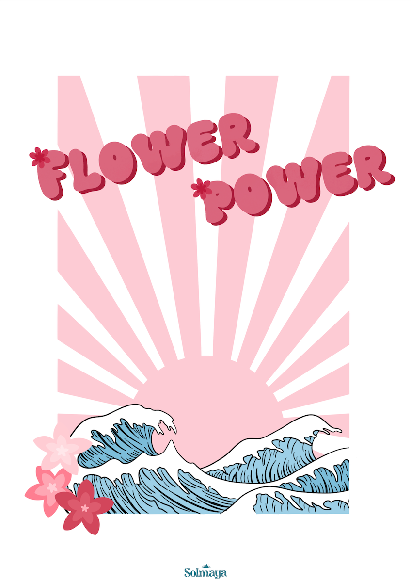 Affiche avec la vague d'hokusai et un soleil rose au fond