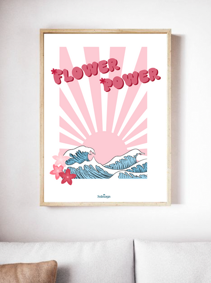 Affiche avec la vague d'hokusai et un soleil rose au fond