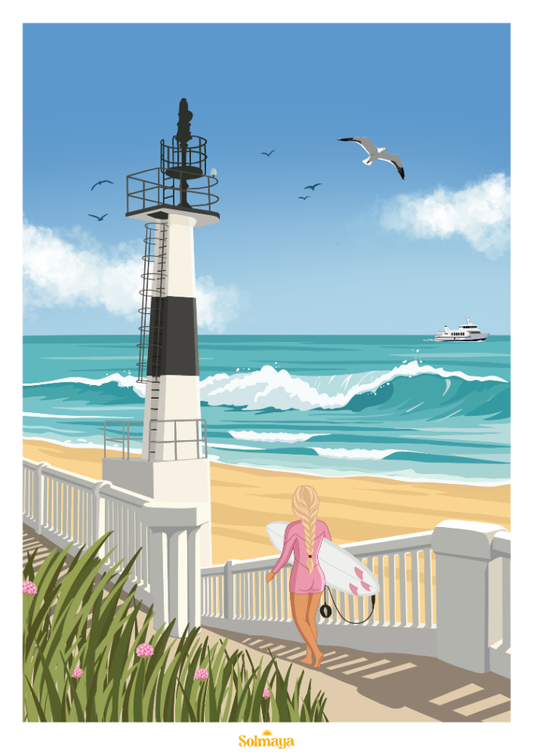 Affiche de surf devant la grande plage de quiberon avec le phare et le ferry