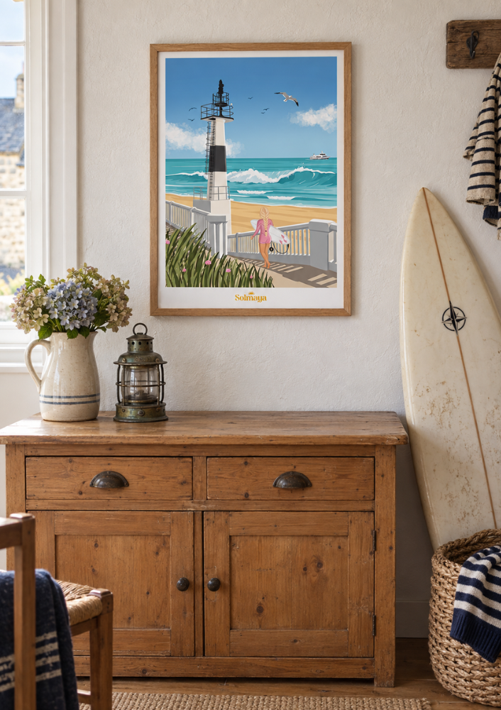 Affiche de surf devant la grande plage de quiberon avec le phare et le ferry