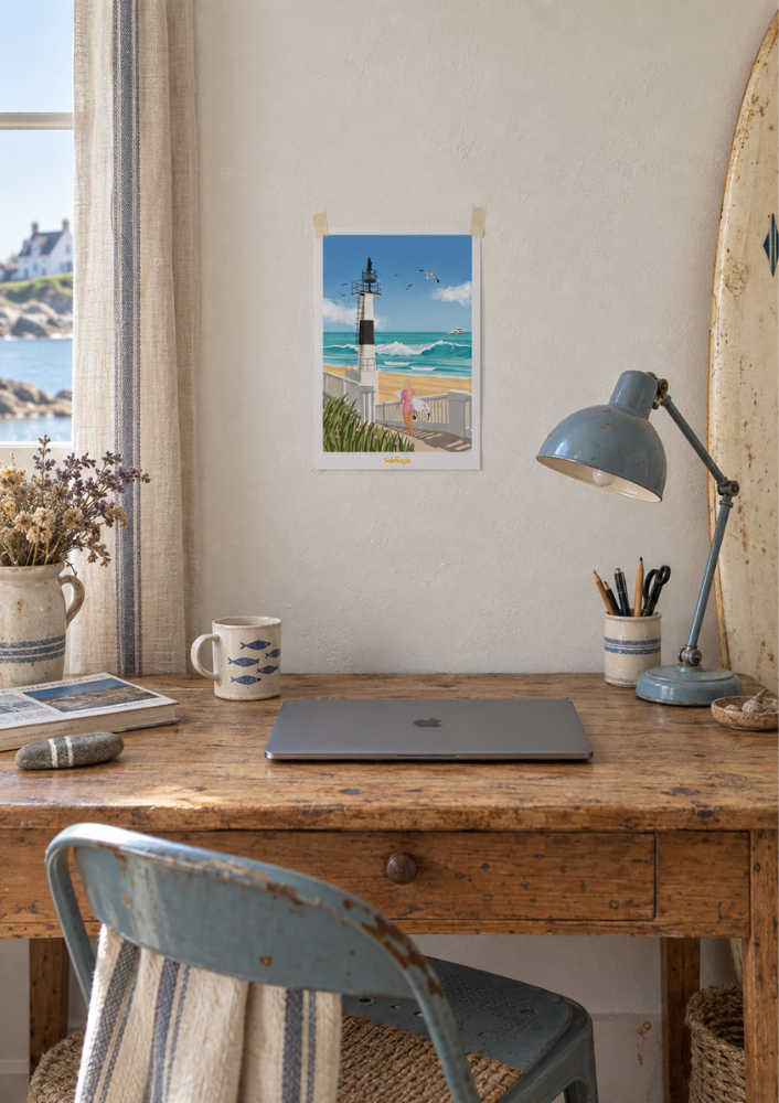 Affiche de surf devant la grande plage de quiberon avec le phare et le ferry