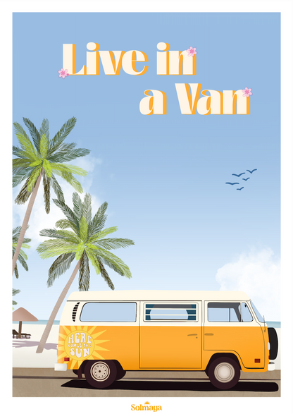 Affiche représentant un combi VW jaune devant une plage avec des palmiers