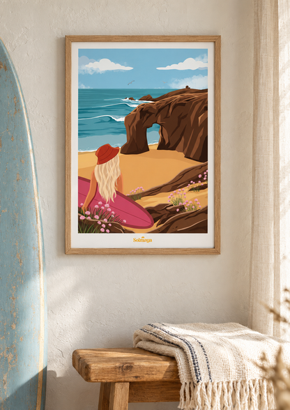 affiche surf blonde devant l'arche