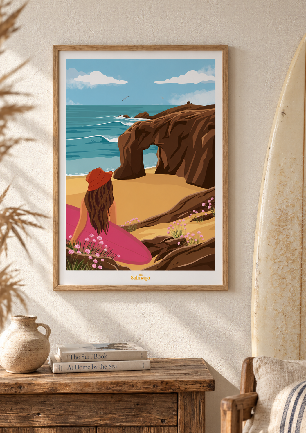 affiche surf blonde devant l'arche