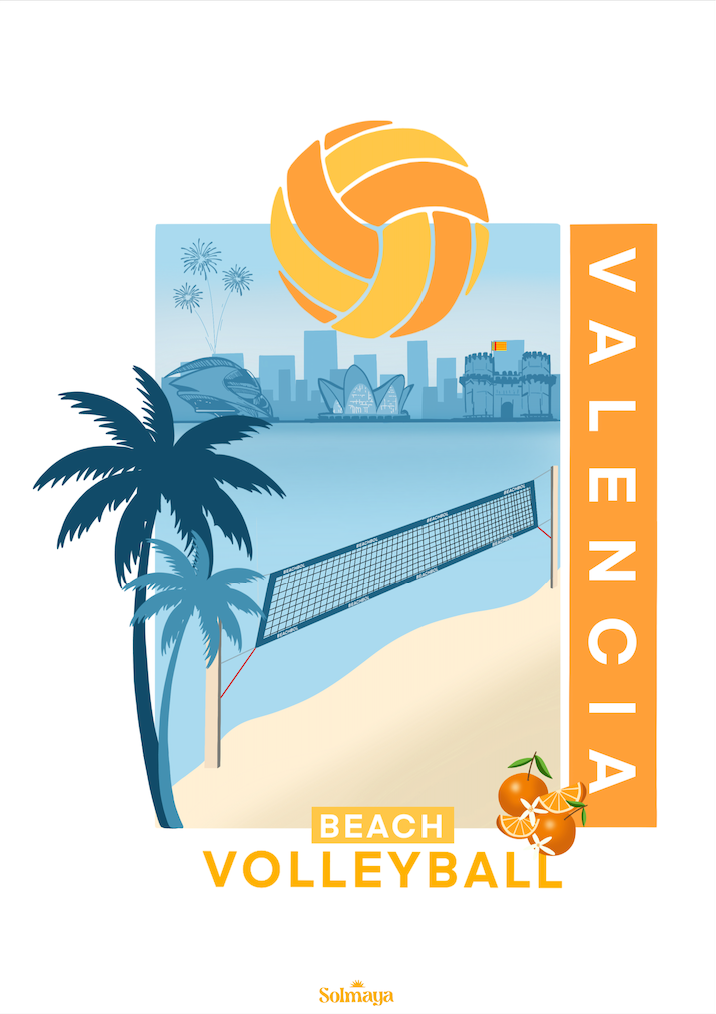 Affiche représentant un filet de beachvolley et la ville de valence en espagne