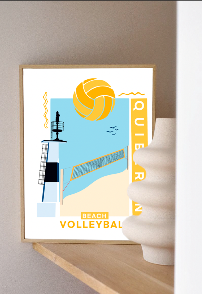 Affiche représentant un filet de volley et le phare de la grande plage de quiberon