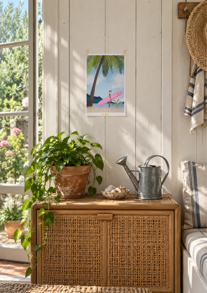 Affiche représentant une femme et son longboard rose sous un palmier sur une plage