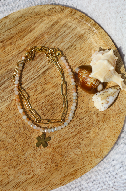 BRacelet doubles avec perles de verre et chaine acier inoxydable