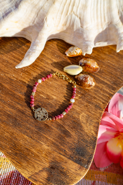 Bracelet pendentif dollar des sables et perles roses