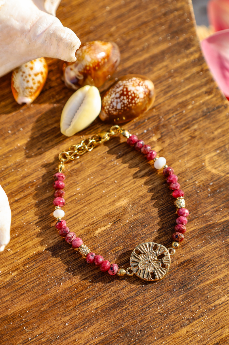 Bracelet pendentif dollar des sables et perles roses