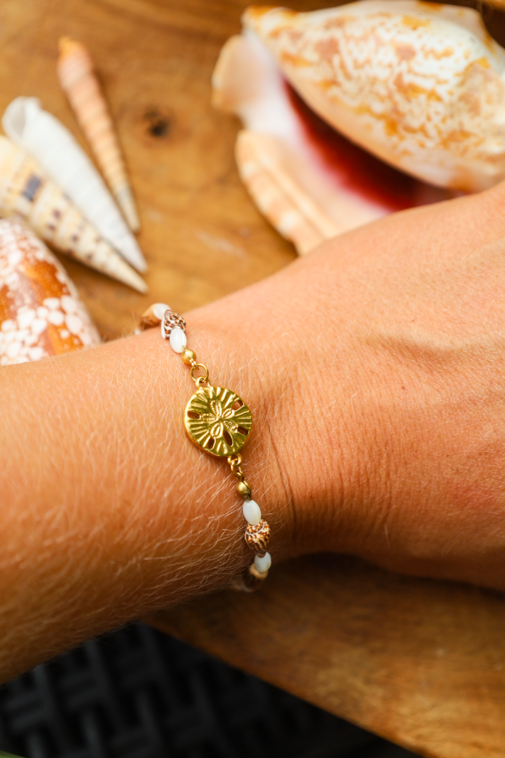 Bracelet avec pendentif dollar des sables et coquillages et bois naturel et perles en nacres.