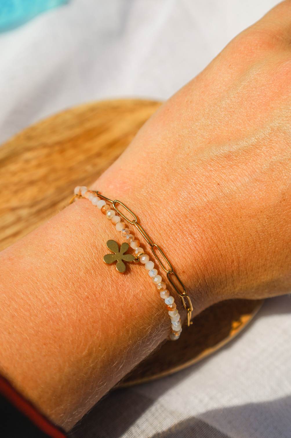 BRacelet doubles avec perles de verre et chaine acier inoxydable