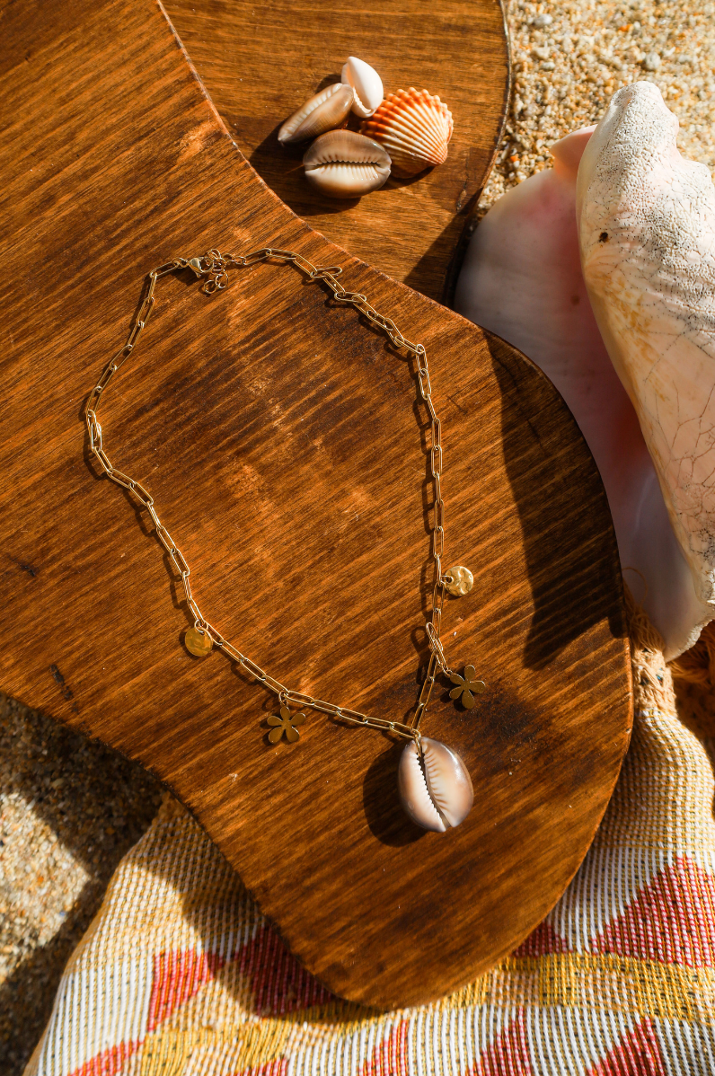 Collier avec chaine et cauri et pendentifs acier inoxydable