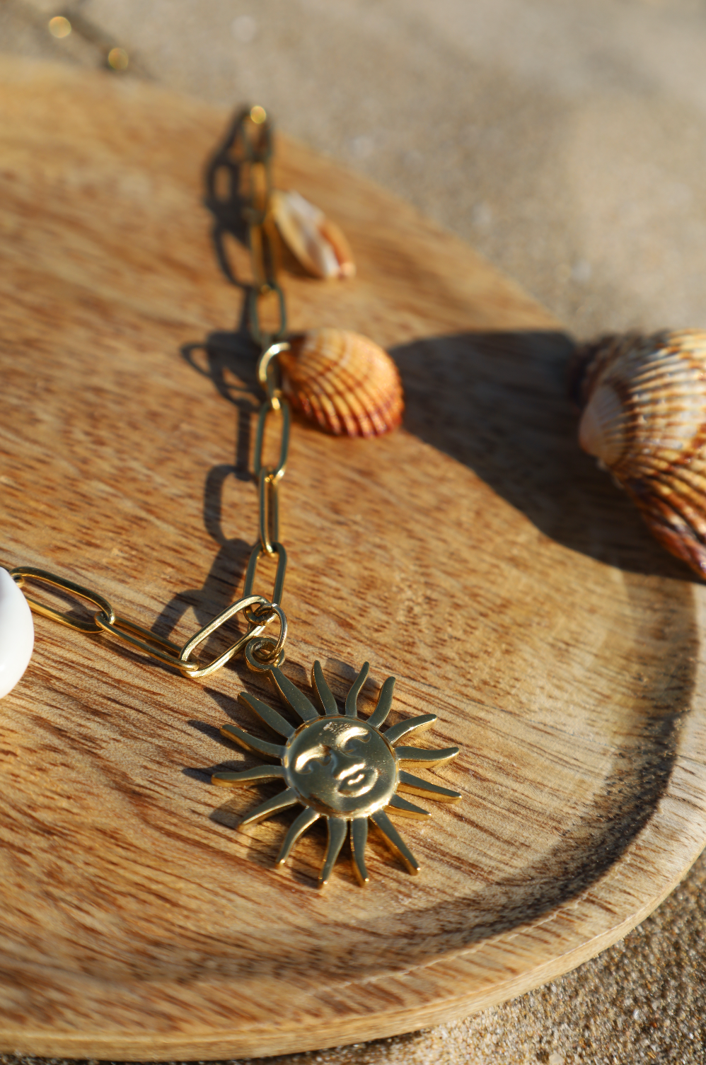 Collier avec chaine en acier inoxydable et 4 coquillages différents avec un petit pendentif gros soleil