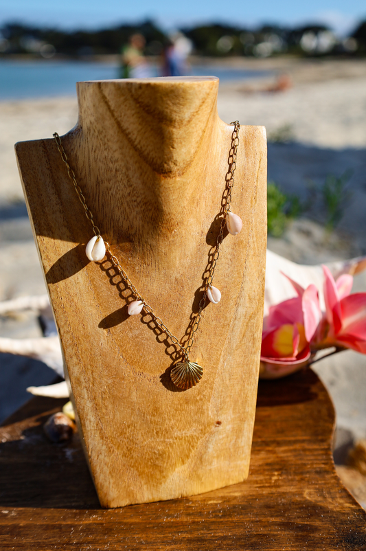 Collier chaine dorée pendentif coquillage et pendentifs coquillages grains de café naturels