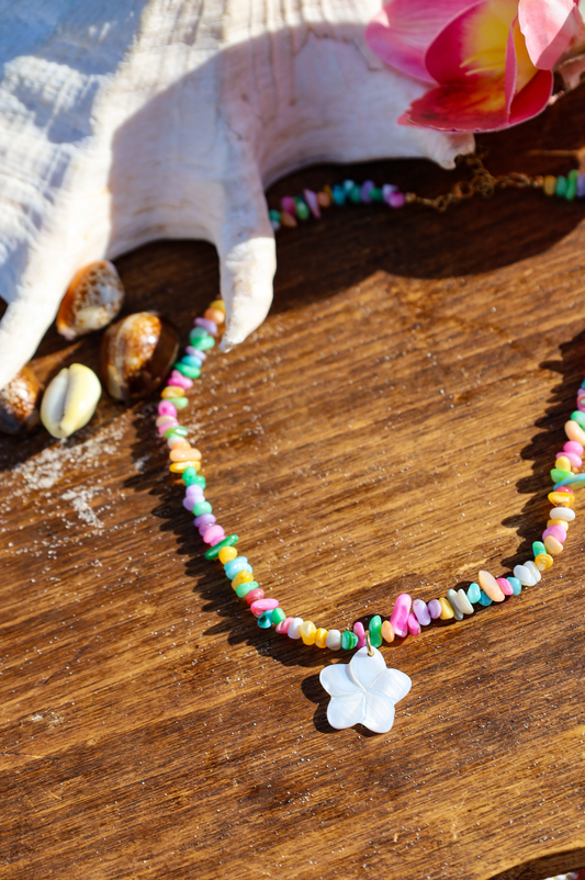 Collier avec pendentif fleur en nacres et perles multicolores