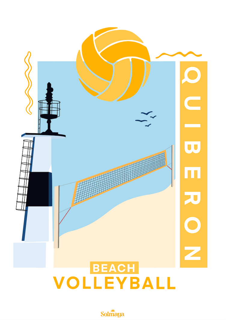 Affiche représentant un filet de volley et le phare de la grande plage de quiberon