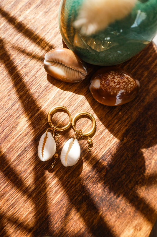boucles créoles acier inoxydable avec cauri blanc et chaine boule dorée