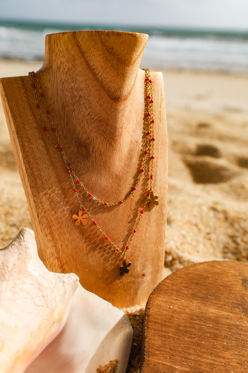 collier acier inoxydable chaine résine rouge
