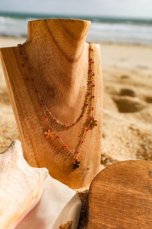 collier acier inoxydable chaine résine rouge