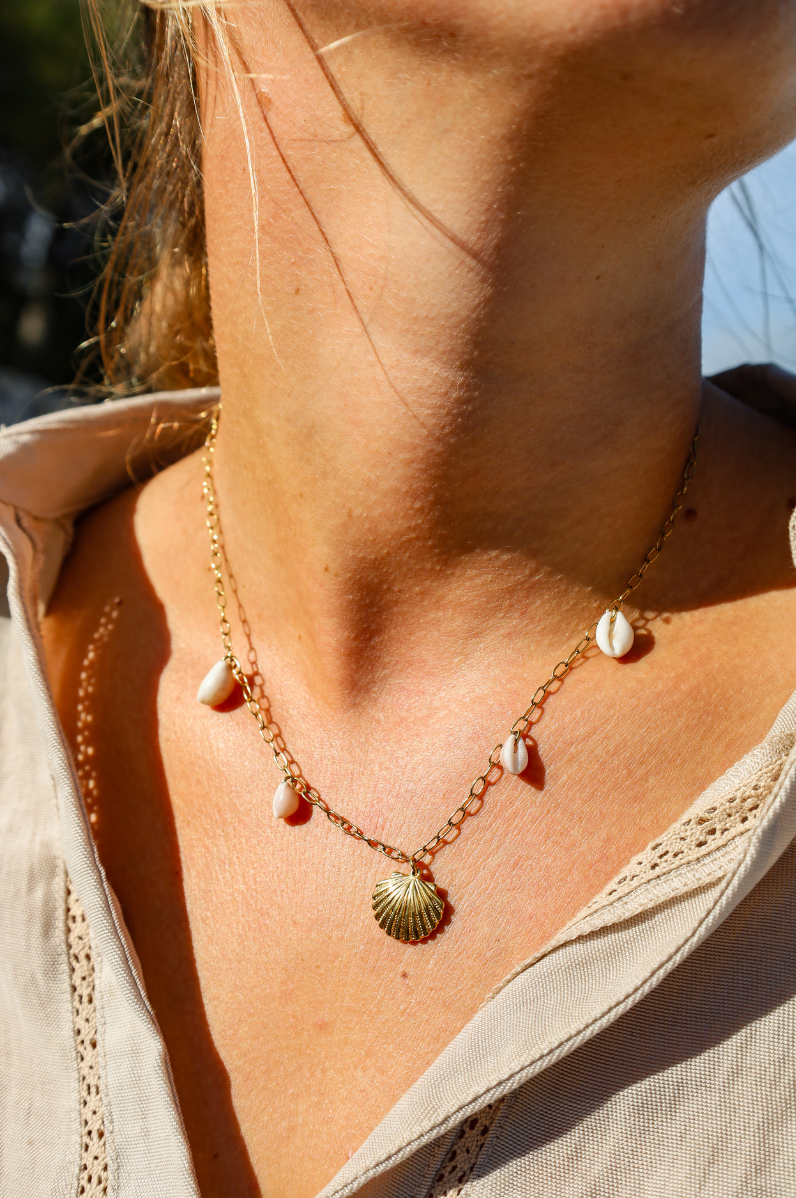 Collier chaine dorée pendentif coquillage et pendentifs coquillages grains de café naturels
