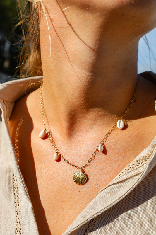 Collier chaine dorée pendentif coquillage et pendentifs coquillages grains de café naturels