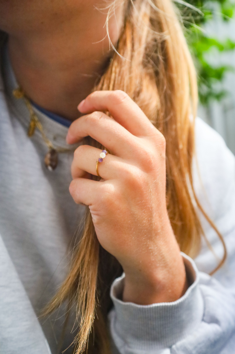Bague acier inoxydable réglable perles améthyste